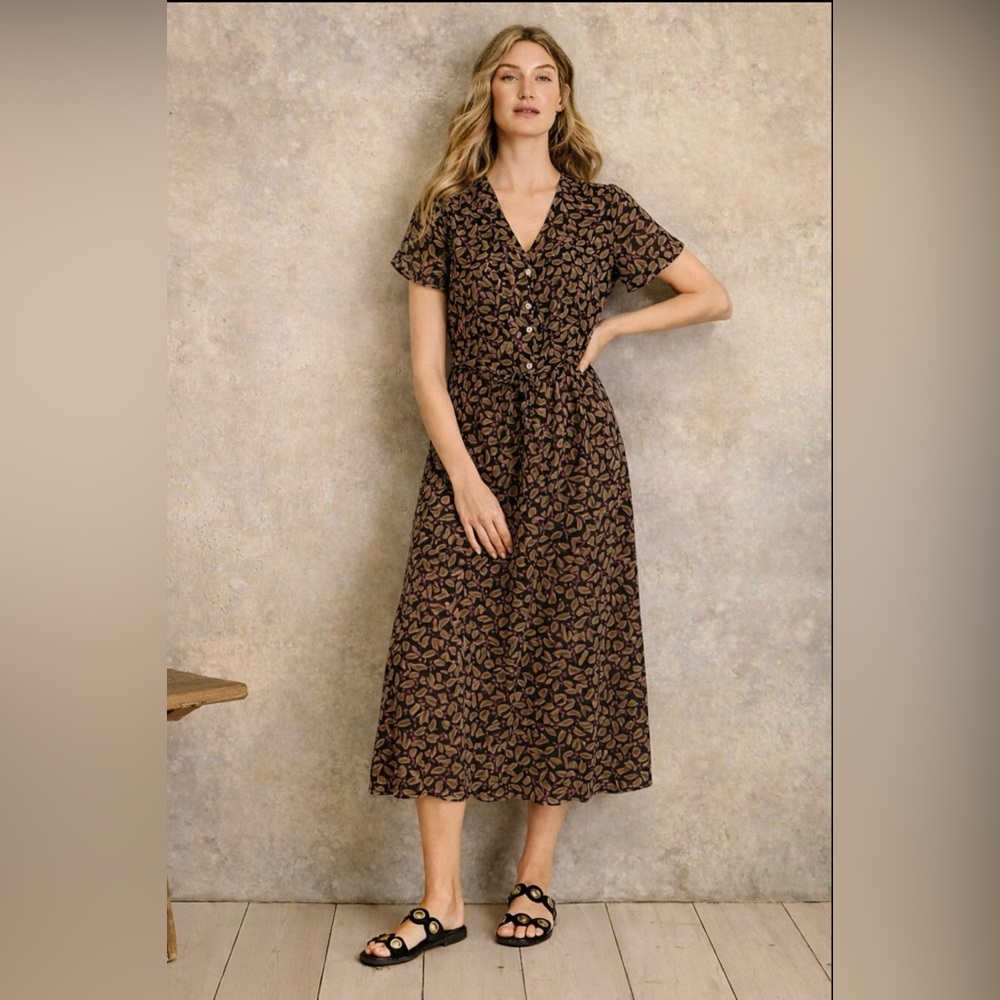 Garnet Hill 100% silk Black Leaf Print Midi Dress size 14
